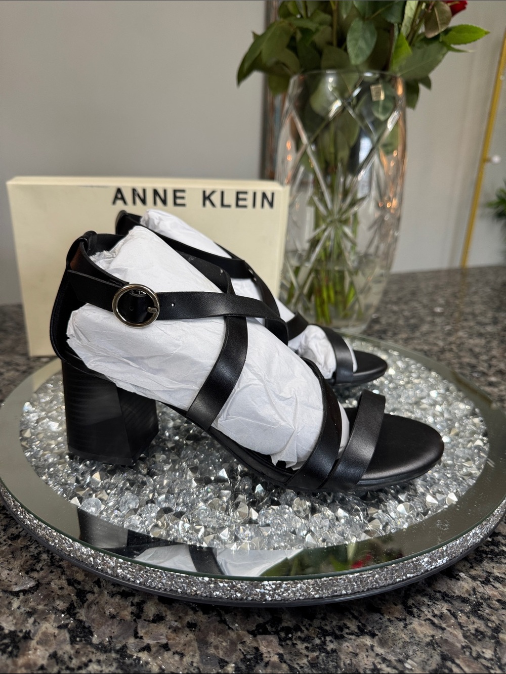 Anne Klein Rowen Black Strappy Block Heel Sandals NEW 8